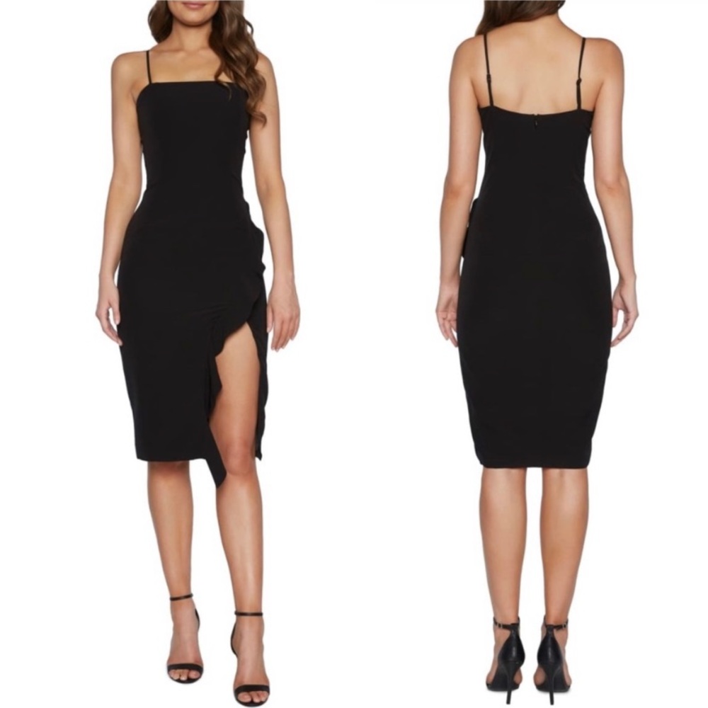 Bardot Side Slit Ruffle Little Black Dress